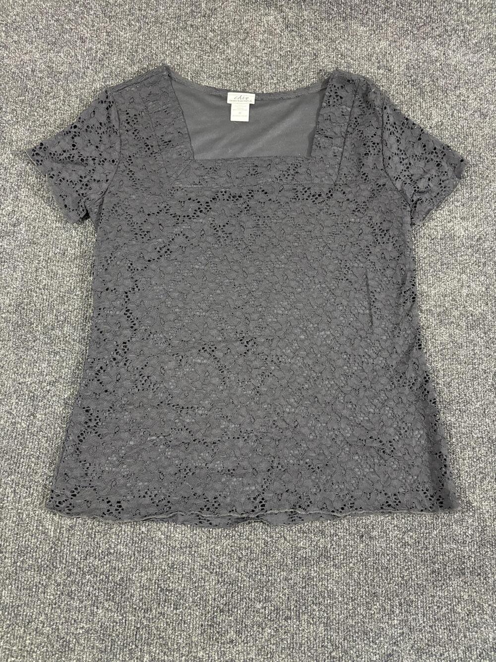 Creative Design Works Blouse Womens M Gray Lace Square Neck Short Sleeve Lined